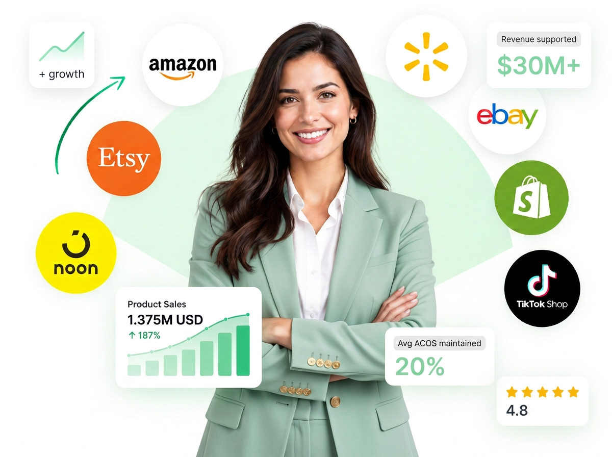 Seller Staff operator with Amazon, Walmart, eBay, Shopify, TikTok Shop, Etsy and Noon logos arranged around her and a light green growth chart